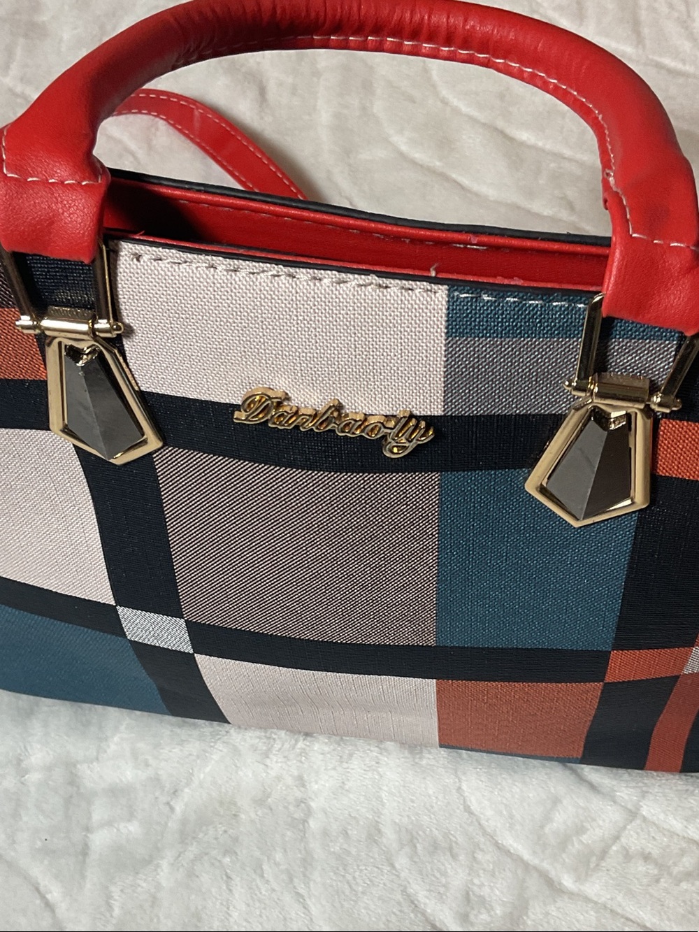 Red-Trim Plaid Satchel Handbag